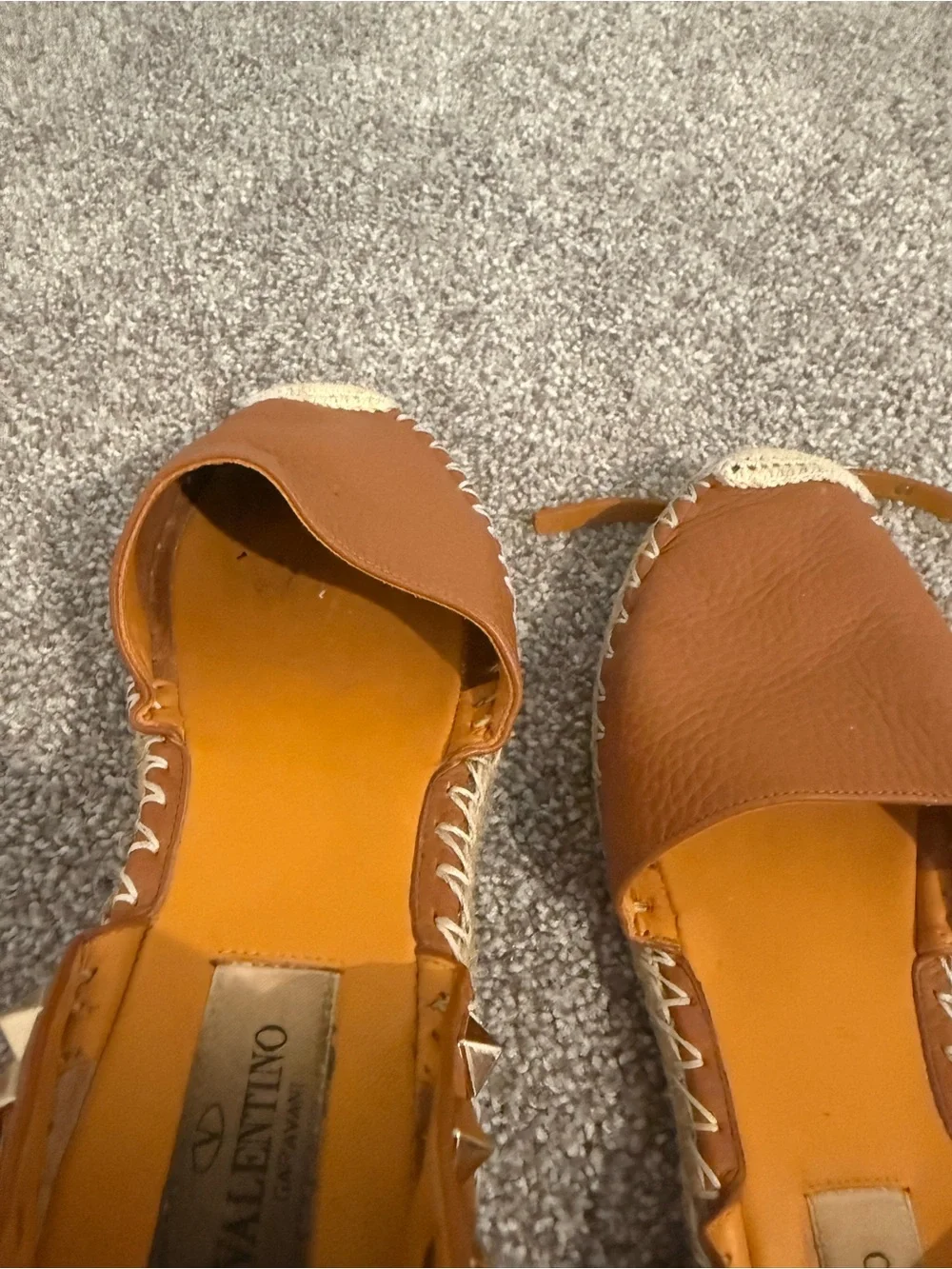 Valentino Tan Leather Espadrille Sandals with Gold Studs